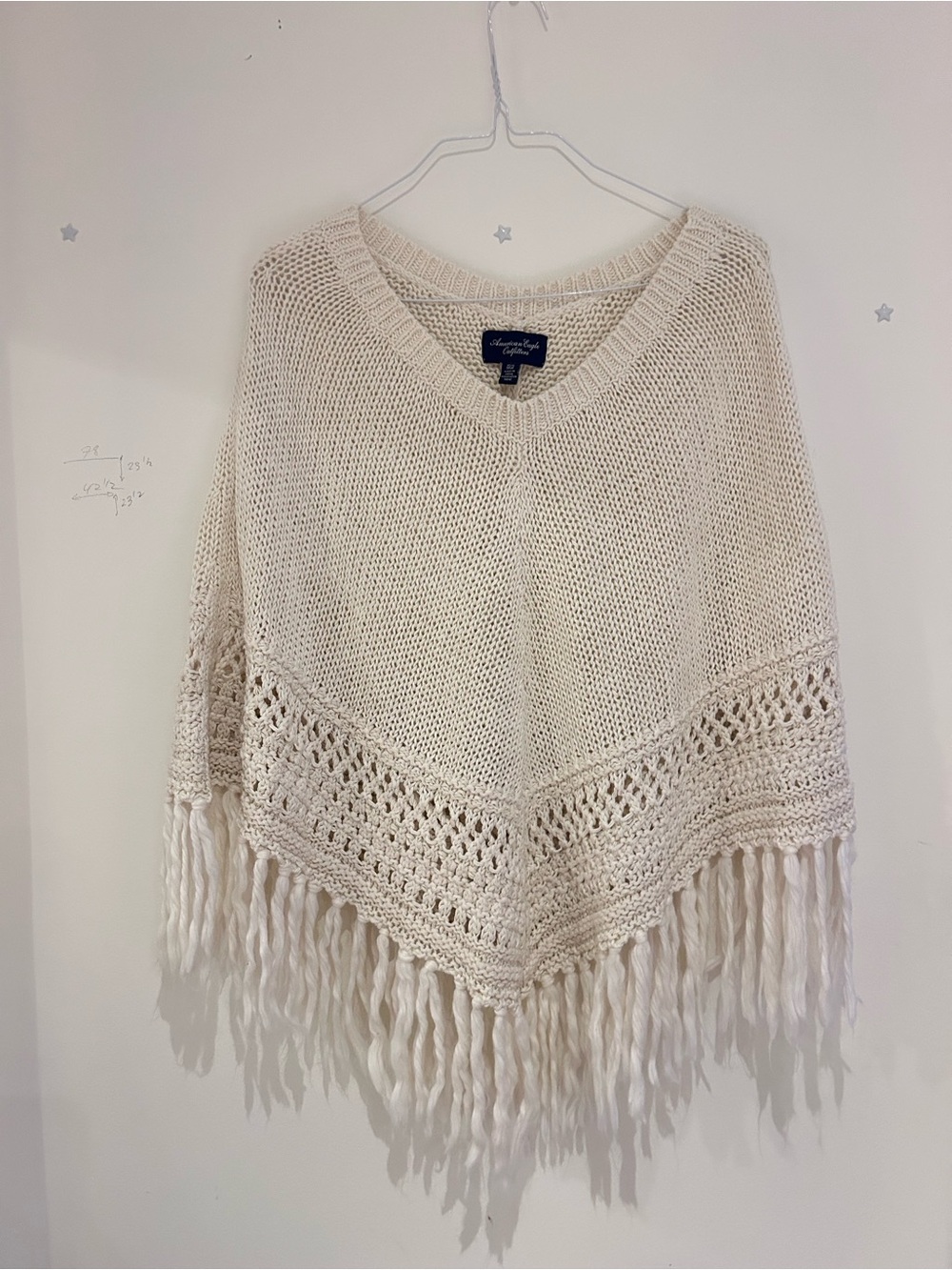 Vintage American Eagle Outfiters Charter Club Cream Fringe Knit Poncho Sweater